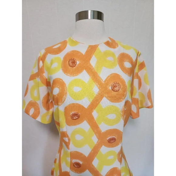 Womens 70s Vintage Party Dress Yellow Orange Printed Pleated Mod - Picture 6 of 7